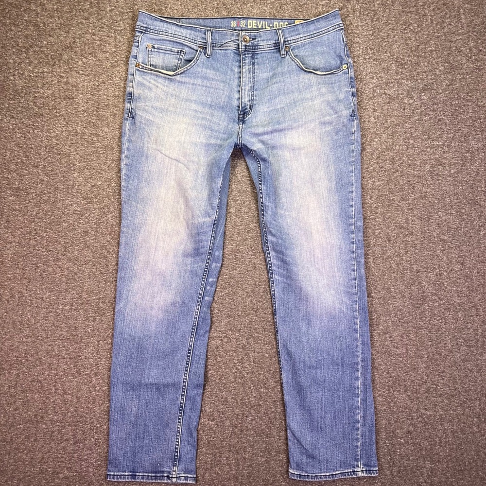 Devil Dog Athletic Jeans Mens 38x30 Light Blue Casual Stretch Denim Distressed